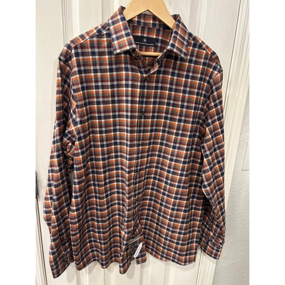 Hart‎ Schaffner Marx Button Down Orange Plaid Cotton Long Sleeve Shirt Mens L
